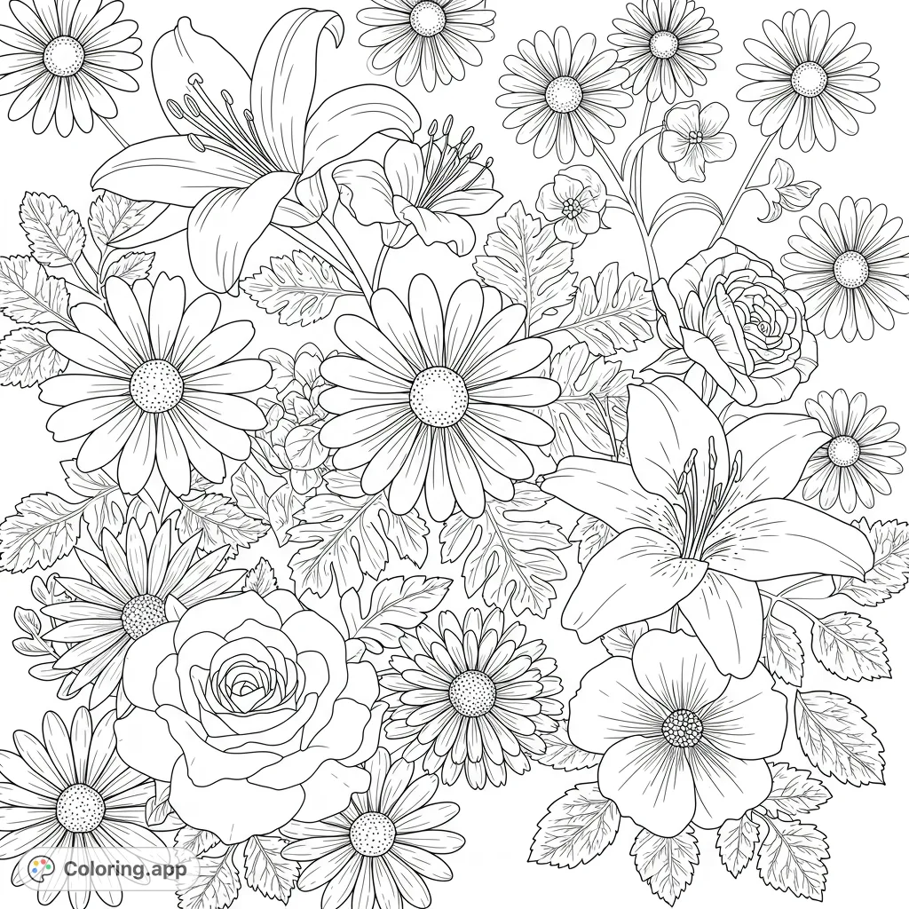 A beautiful floral coloring page featuring a lush bouquet of lilies, roses, and daisies, perfect for a relaxing and creative coloring experience.