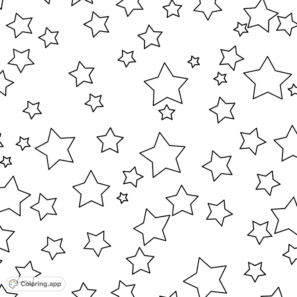 A delightful free printable star coloring page featuring a whimsical pattern of scattered stars in various sizes, perfect for all ages.