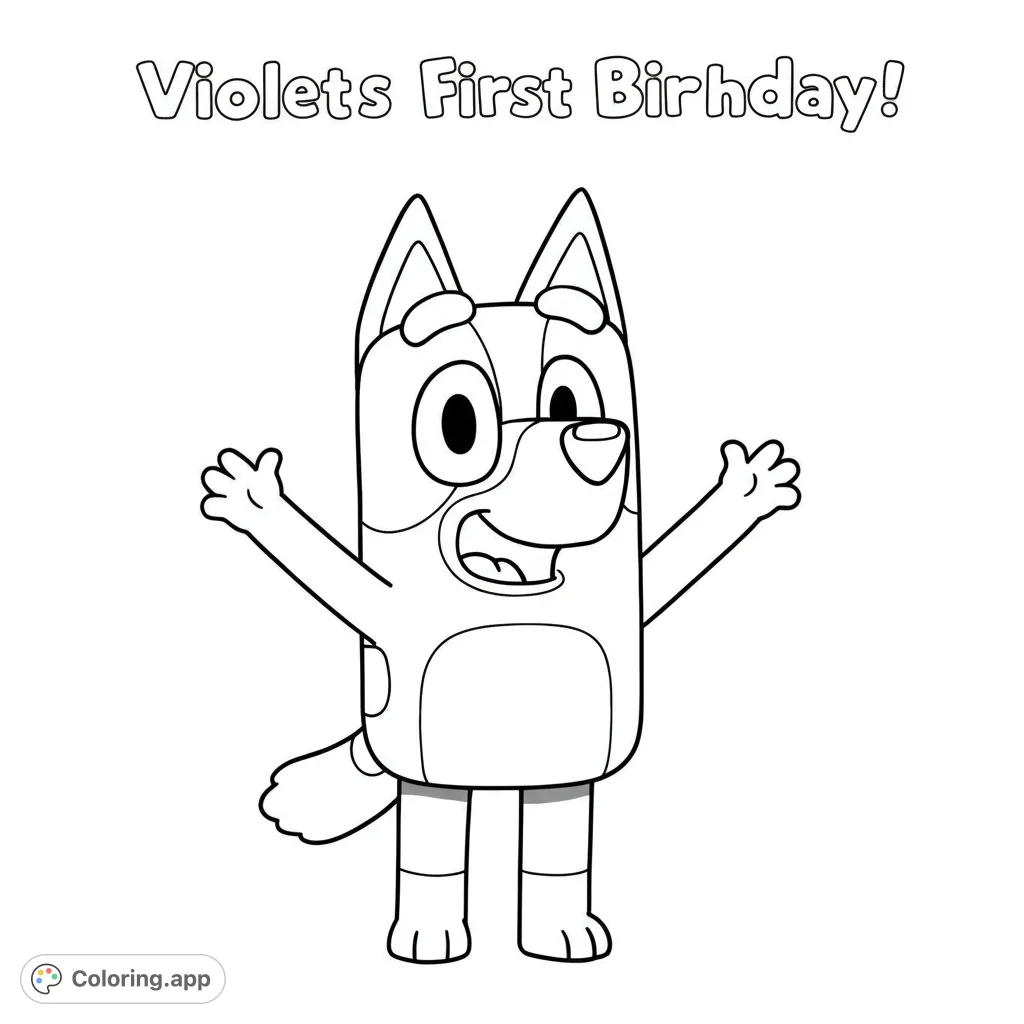 A cheerful cartoon dog character with arms raised, ready for coloring. A free printable cartoon dog coloring page for kids and adults.