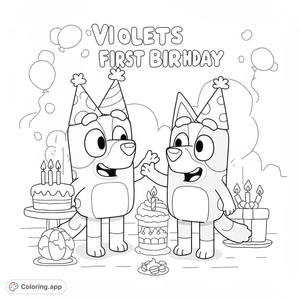 Two joyful cartoon dogs in party hats celebrate with cakes, candles, and balloons. A fun, free printable birthday party coloring page for kids and adults!