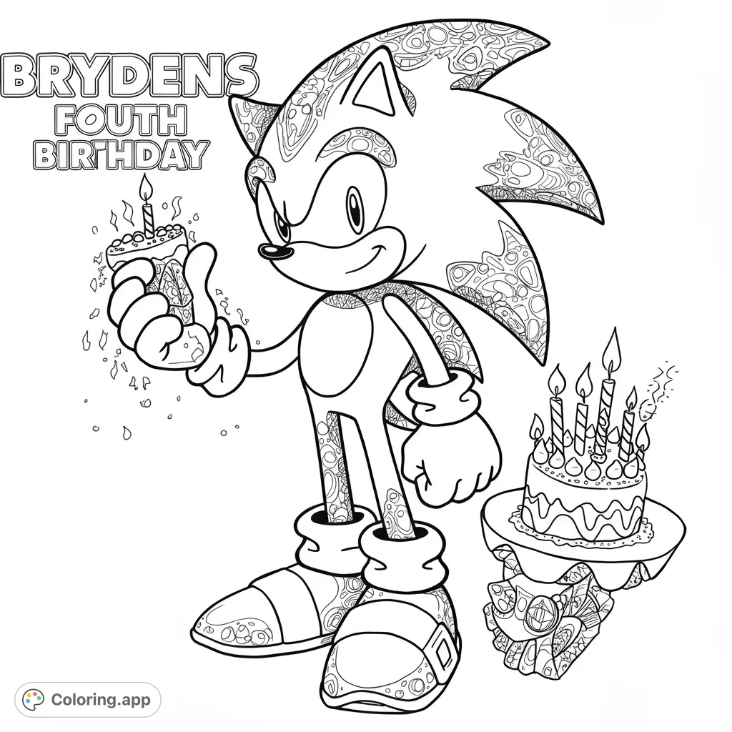 A speedy hedgehog celebrates with a cupcake and cake, featuring intricate patterns for a fun, detailed coloring experience. Perfect for fans!