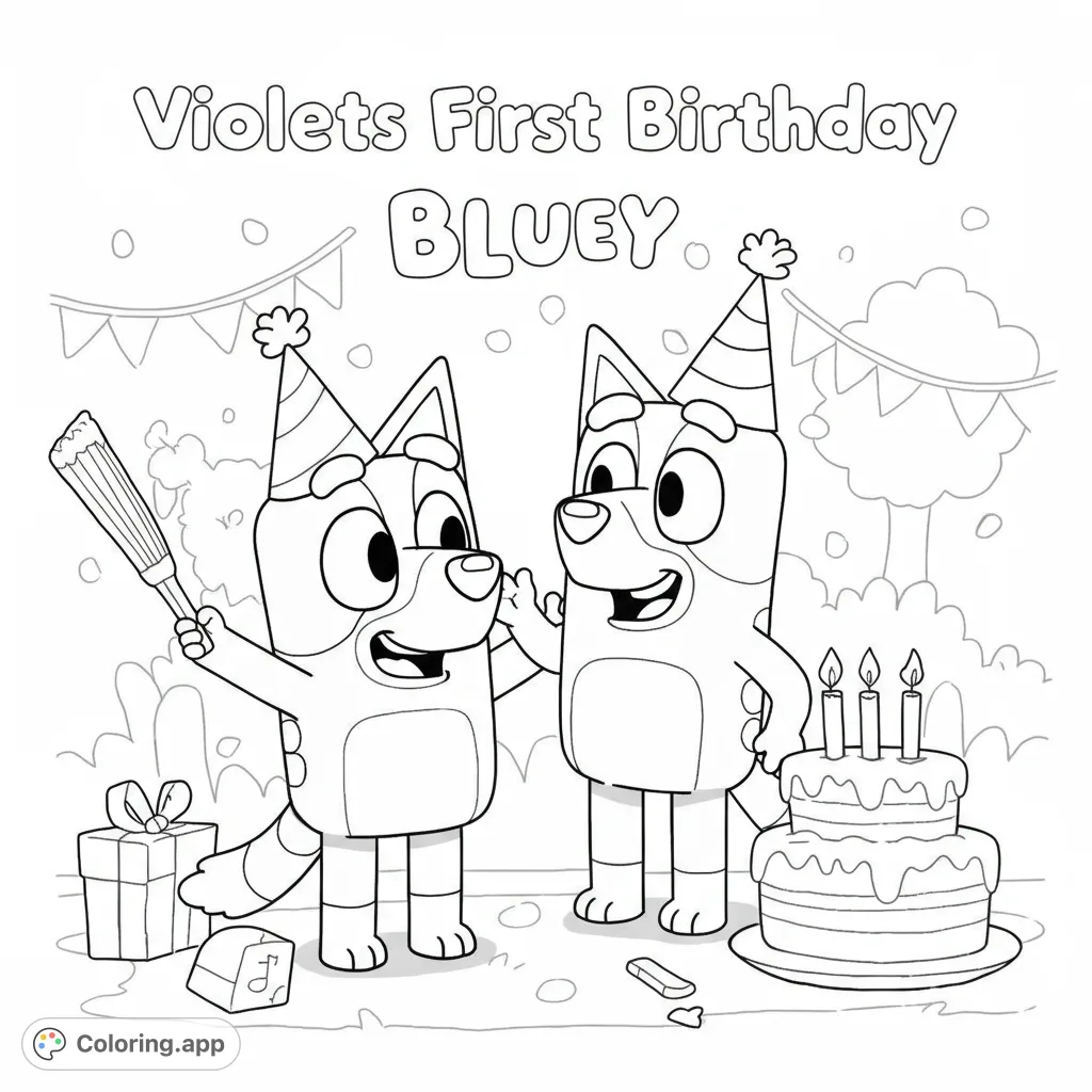 A delightful Bluey birthday party coloring page featuring Bluey and Bingo with gifts, cake, and festive decorations. Perfect for fans of the show!