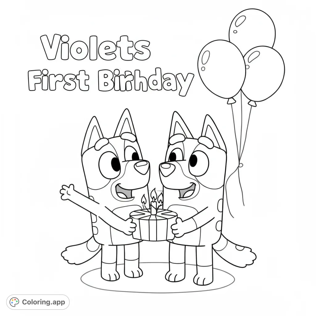 Celebrate with this happy birthday dog friends coloring page! Features two cheerful cartoon pups holding a cake with balloons. Free printable fun!