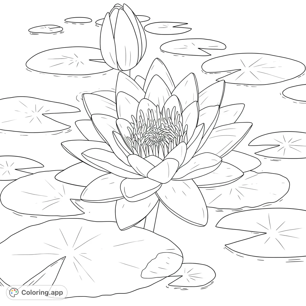 A beautiful water lily blooms amidst lily pads and a bud, perfect for a tranquil nature coloring page. Free printable for all ages.