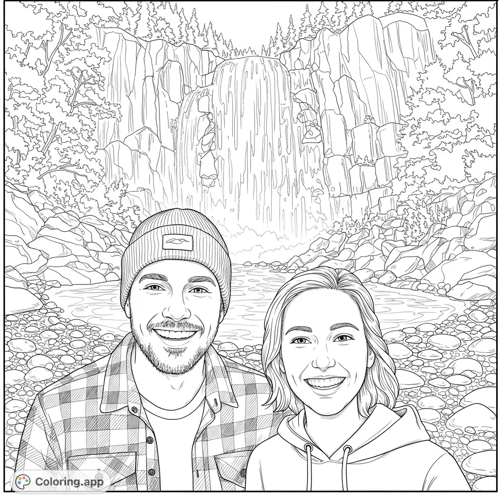 A free printable nature adventure coloring page featuring a smiling couple before a majestic waterfall, perfect for adults and kids.