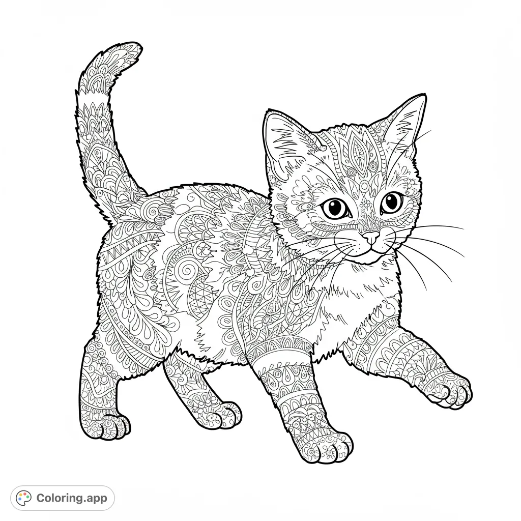 A detailed kitten coloring page featuring intricate zentangle patterns across its entire body, perfect for mindful coloring and creative expression.