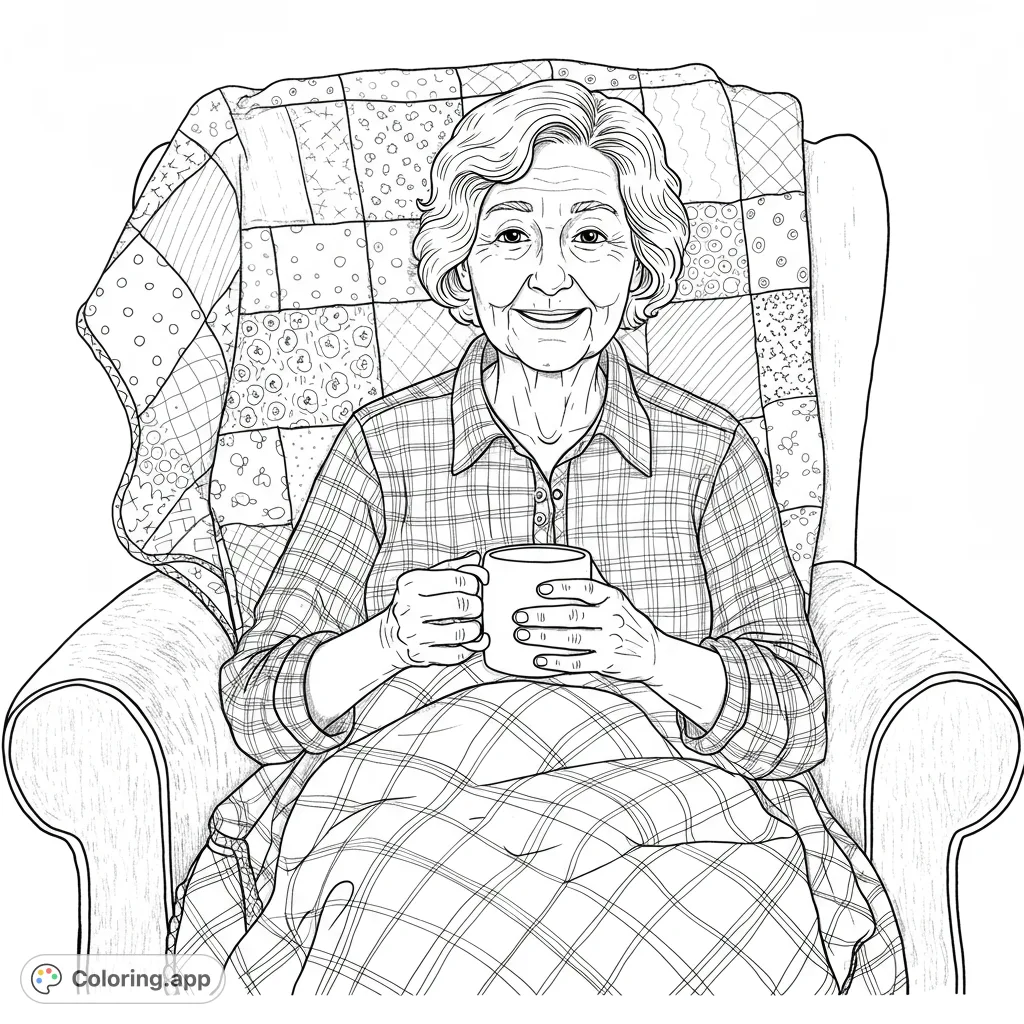 A heartwarming cozy grandma coloring page, featuring a smiling elderly woman in an armchair with a mug, covered by a plaid blanket and patchwork quilt.