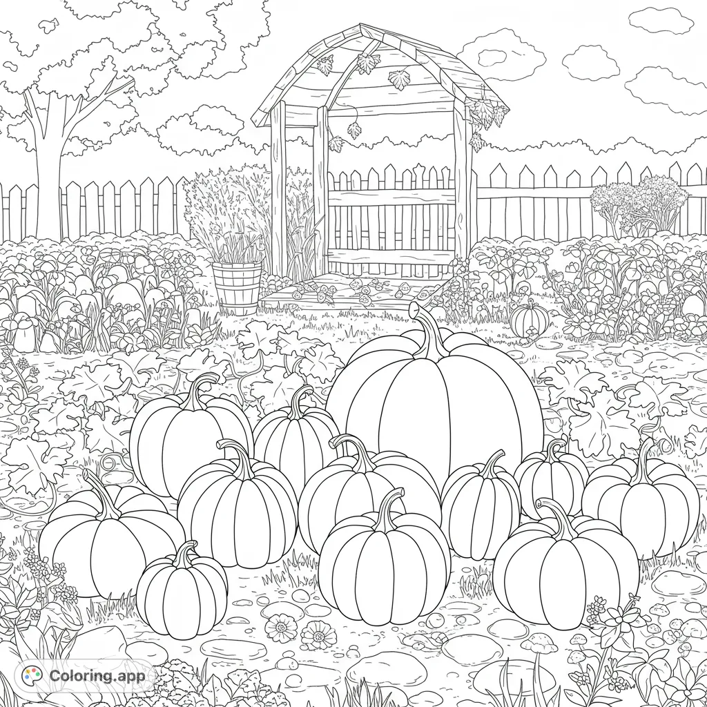 A bountiful pumpkin patch scene featuring a large central pumpkin surrounded by many smaller ones, set in a charming garden with an arbor and picket fence.