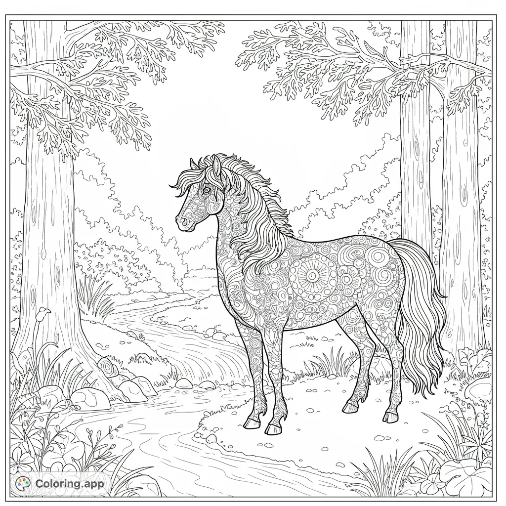 An enchanting patterned horse stands by a winding stream in a lush forest. Perfect for nature and animal lovers seeking a detailed coloring challenge.