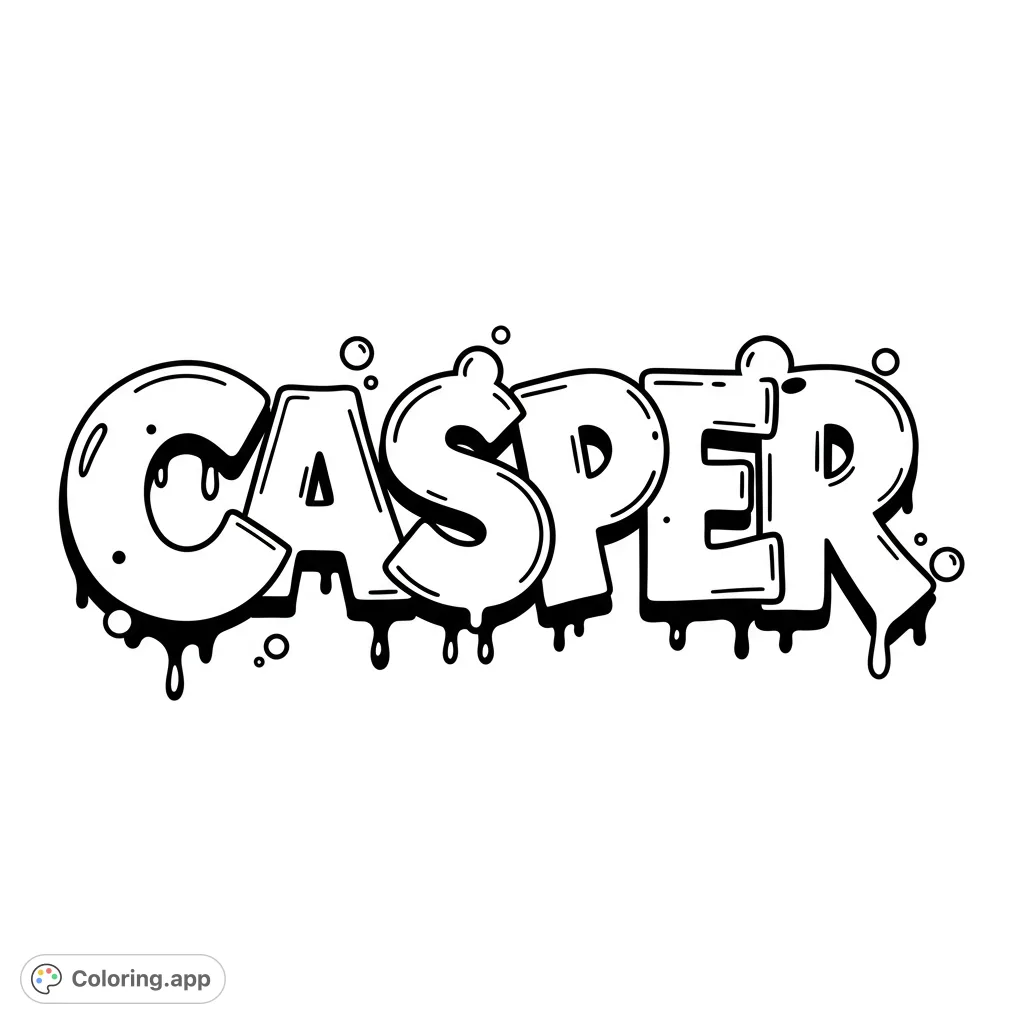 A bold graffiti Casper coloring page with dripping letters and playful bubbles. Free printable urban art for all ages.