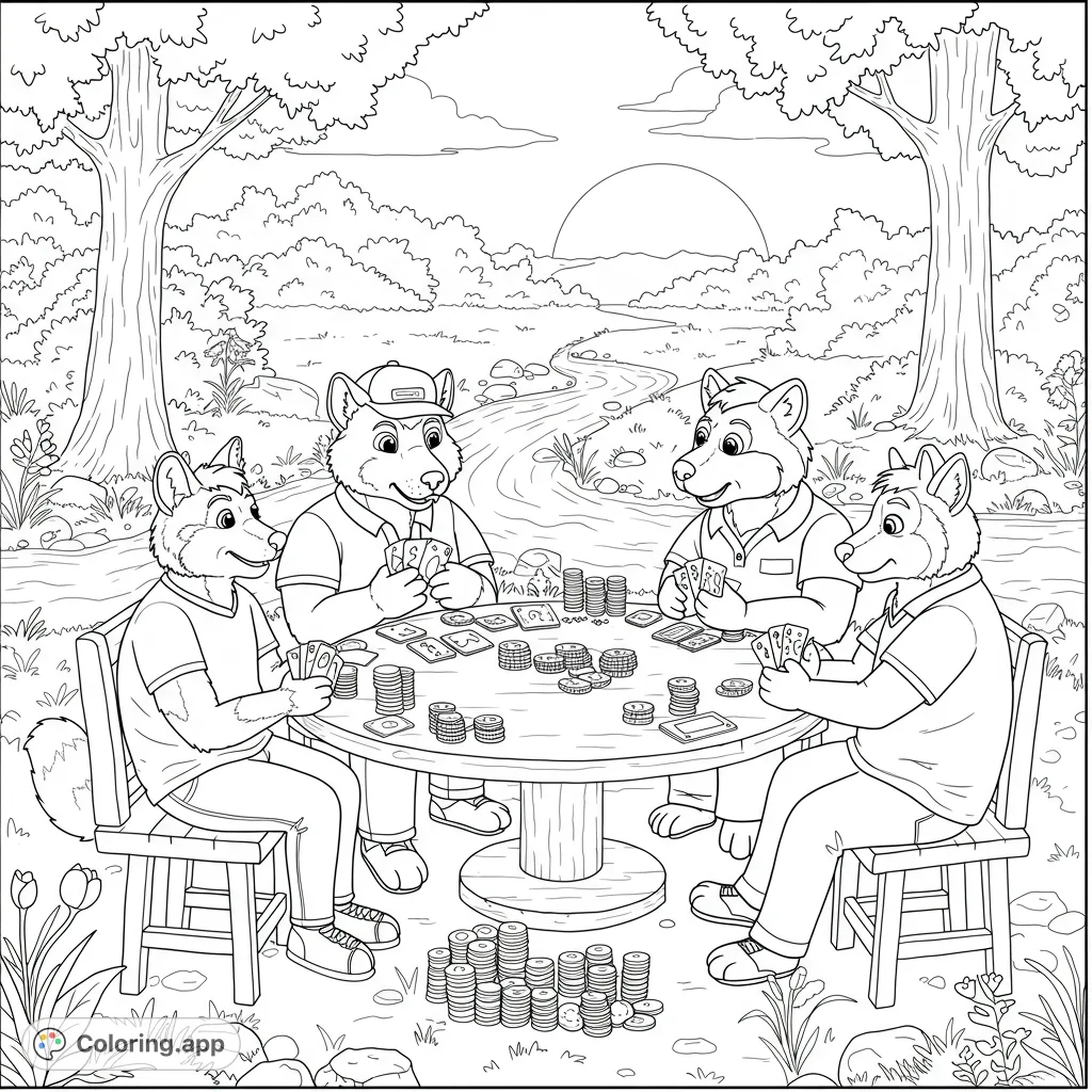 Four friendly wolf characters play cards outdoors amidst trees and a winding path. A fun, detailed animal poker coloring page for all ages.