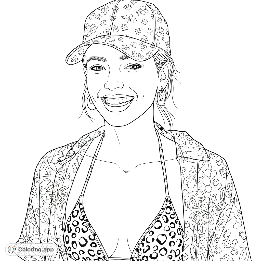 A cheerful woman in a floral cap and patterned shirt, ready for summer fun. This free printable coloring page offers vibrant fashion details.