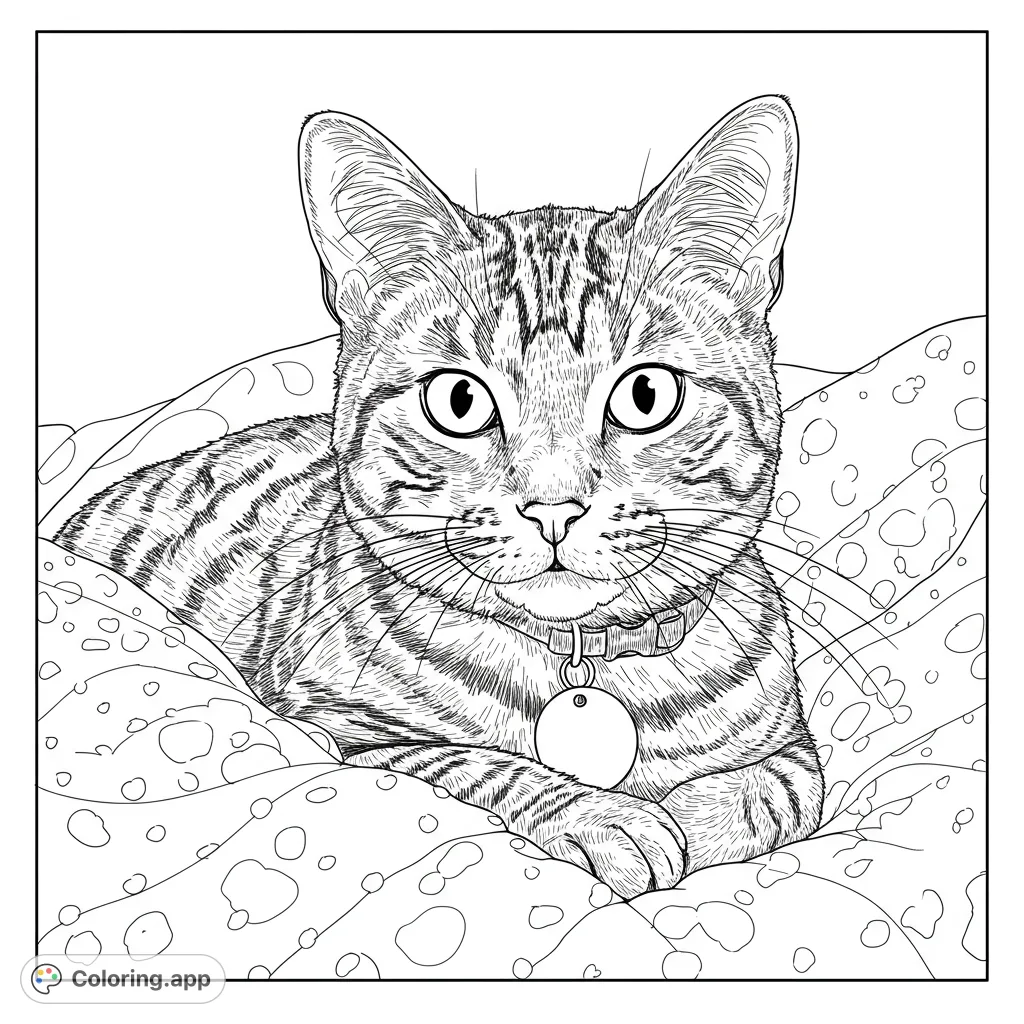 A charming tabby cat rests comfortably on a soft, patterned blanket, inviting colorists to bring its detailed fur and expressive eyes to life.