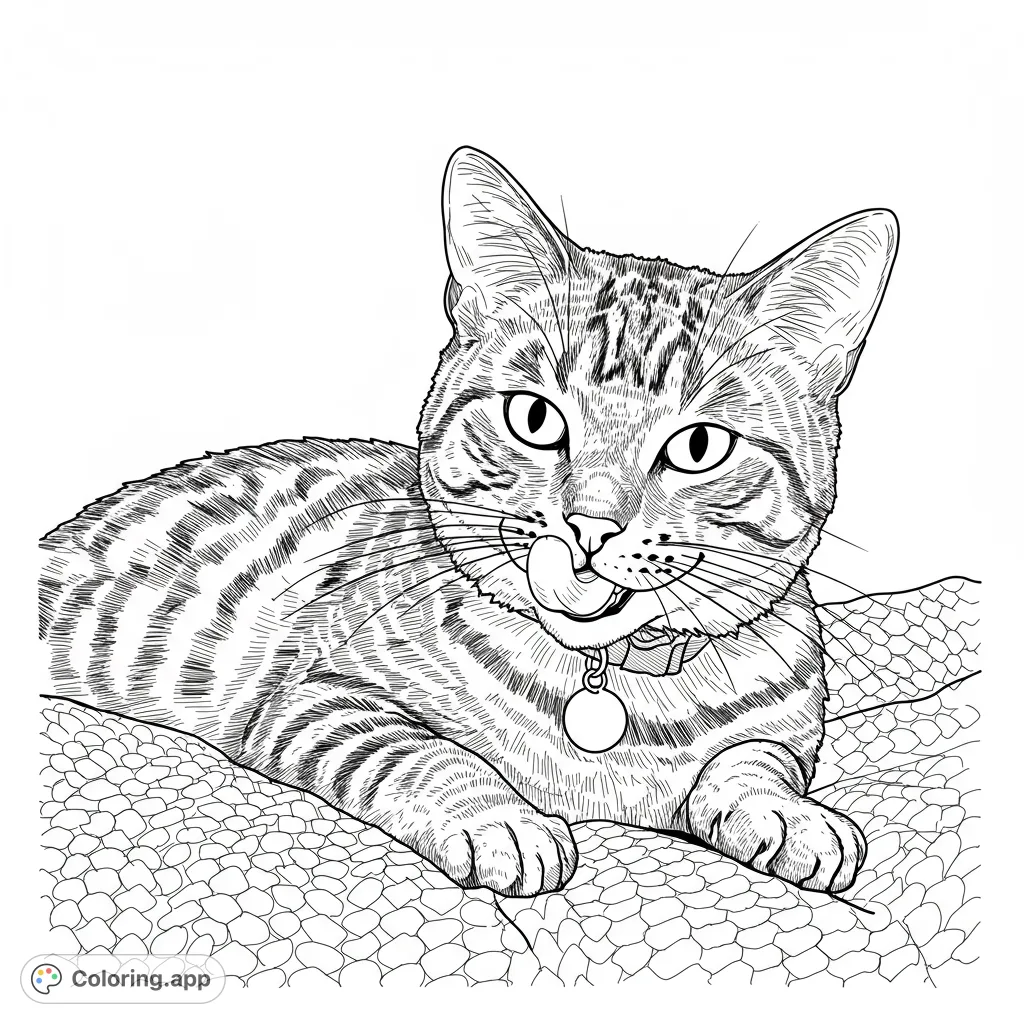 A charming tabby cat is depicted mid-lick, showcasing detailed fur patterns and a relaxed pose on a textured surface. Perfect for cat lovers!