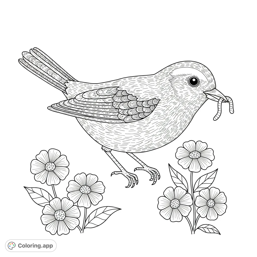 A charming bird holds a worm, surrounded by delicate spring flowers. A delightful nature scene for a free printable coloring page.