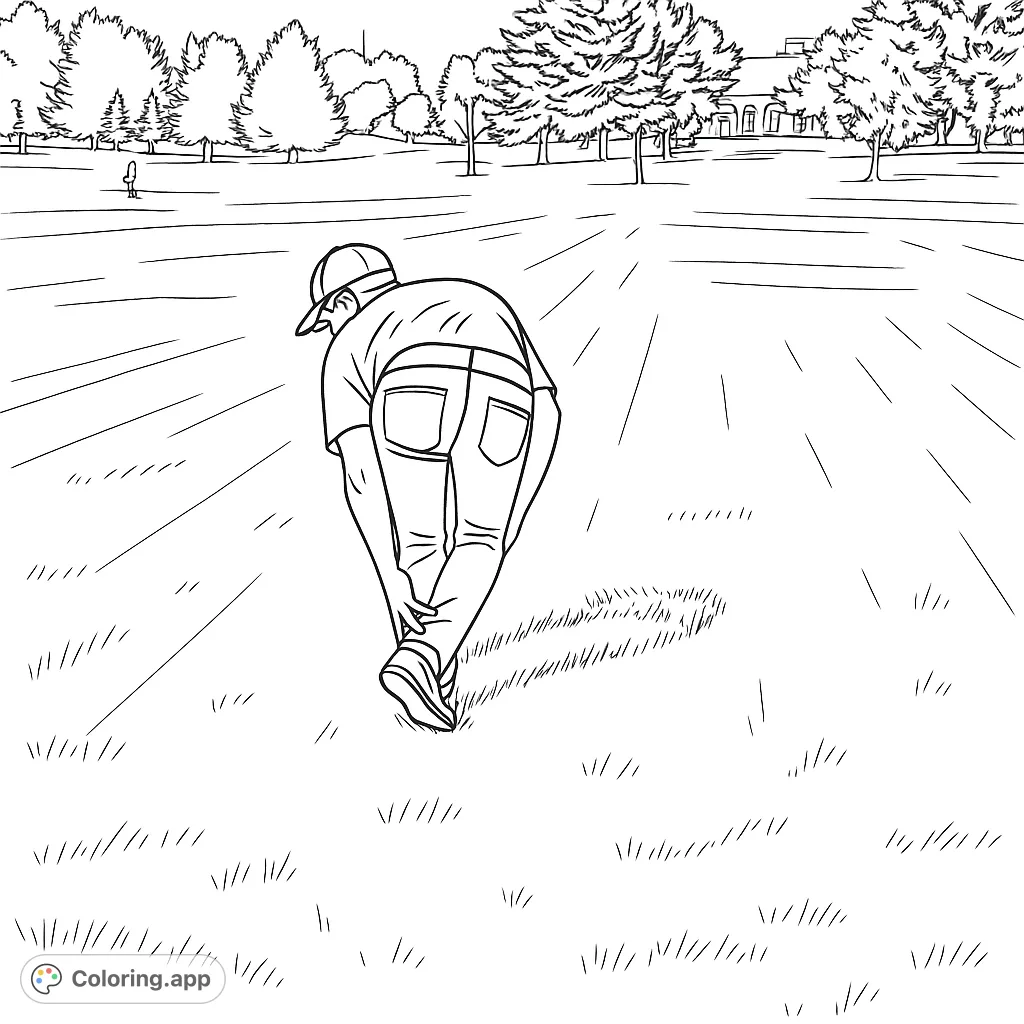 A person bends in a vast grassy field, stretching or adjusting gear. Features a detailed figure, expansive landscape, and distant trees, perfect for realistic coloring.