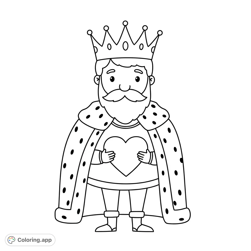 A charming king in a royal robe and crown holds a heart, perfect for a delightful coloring adventure. A free printable king coloring page for kids and adults.