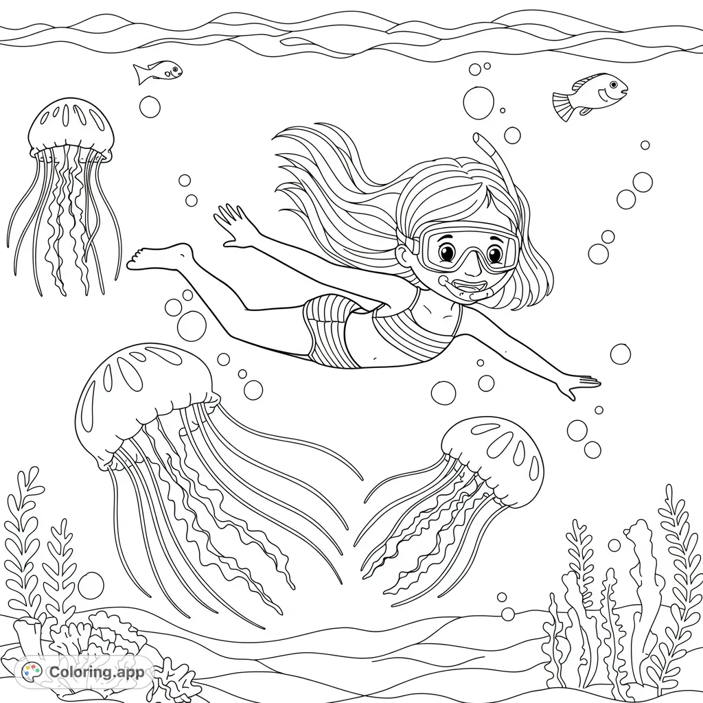 Dive into an exciting underwater snorkel adventure coloring page! A cheerful girl swims with graceful jellyfish and fish in a vibrant ocean scene.