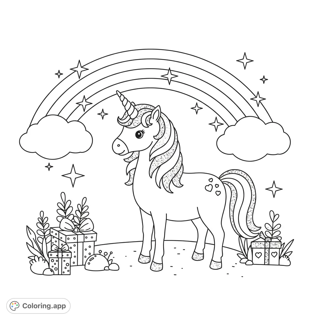 A magical unicorn stands under a rainbow with stars and gift boxes, ready for a whimsical coloring adventure. Free printable unicorn coloring page.