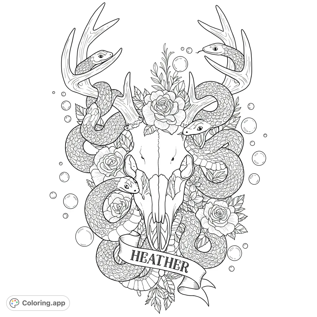 Intricate deer skull with entwined snakes and blooming roses. A mystical nature-themed free printable coloring page for adults and teens.