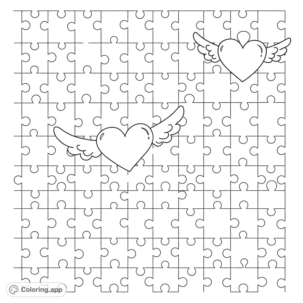 A charming puzzle grid background with two delightful winged hearts, perfect for a love-themed coloring page. Free printable coloring page for all ages.