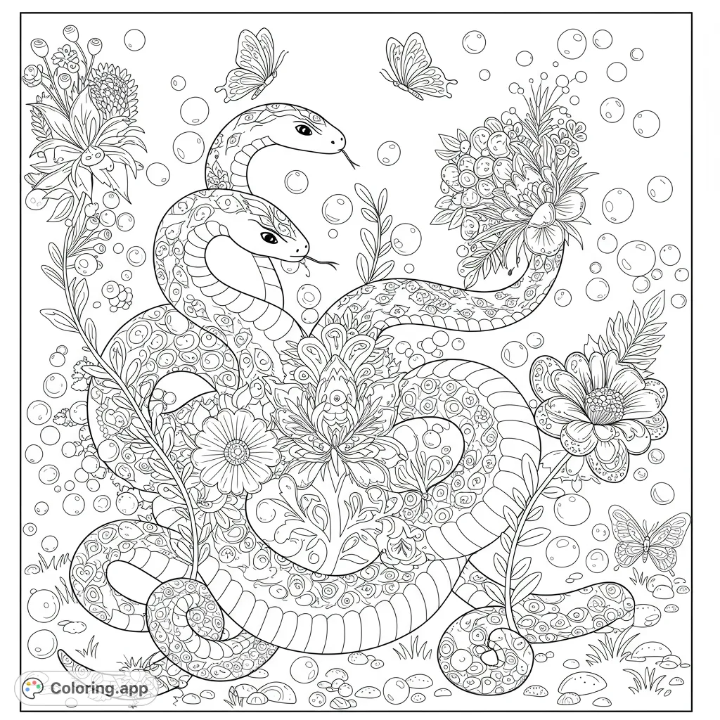 An intricate snake and floral garden coloring page featuring two patterned snakes, delicate flowers, and butterflies amidst scattered bubbles.