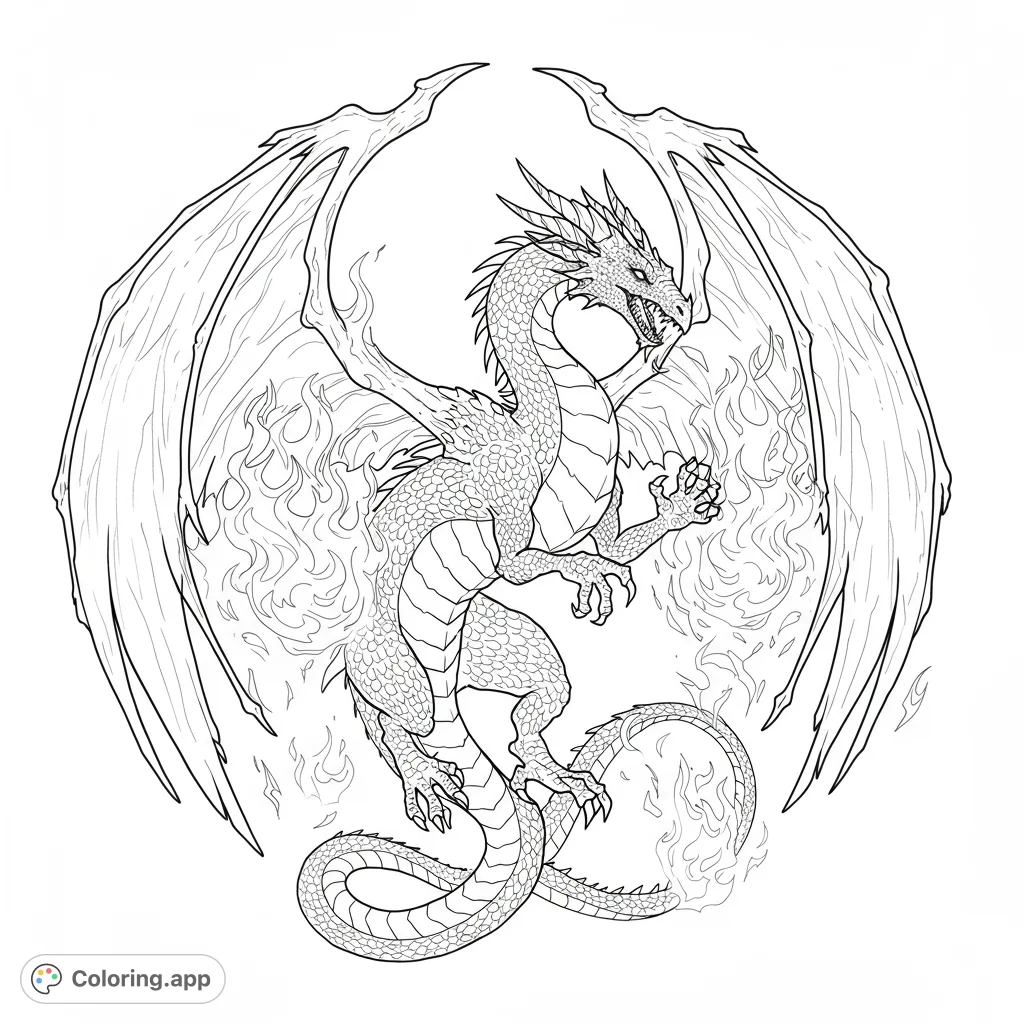 Unleash your creativity with this powerful dragon coloring page, featuring a majestic beast surrounded by dynamic flames. Perfect for fantasy fans!