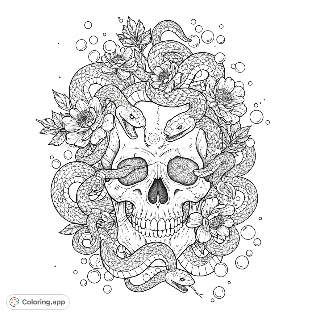 Intricate skull adorned with coiling snakes and blooming flowers. A detailed gothic-inspired design for a captivating coloring experience.
