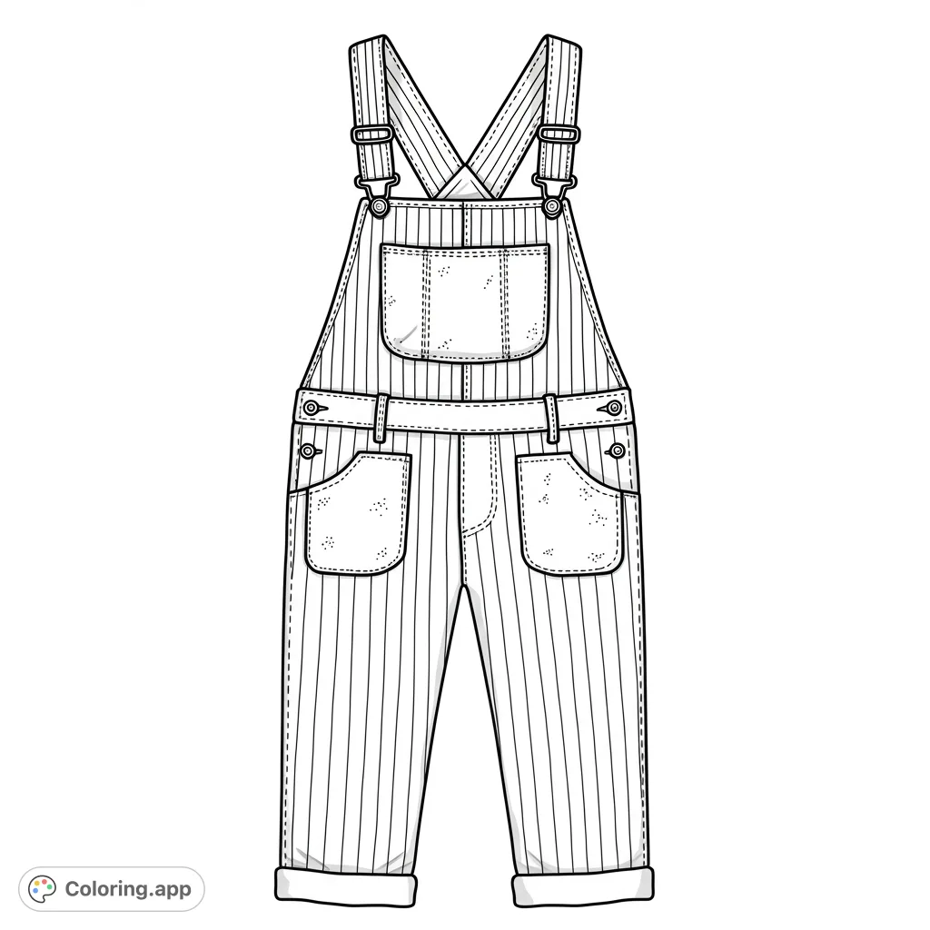 A stylish pair of classic striped overalls, perfect for fashion enthusiasts. Features adjustable straps, multiple pockets, and rolled cuffs for creative coloring.