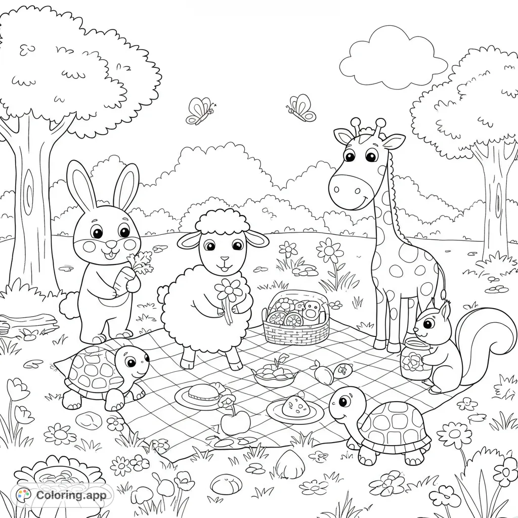 A charming animal picnic coloring page featuring a bunny, sheep, giraffe, squirrel, and turtles enjoying a feast outdoors. Free printable coloring page for kids.