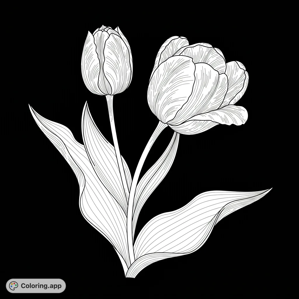 Discover a beautiful tulip coloring page featuring a fully bloomed flower and a delicate bud, perfect for nature lovers. A free printable coloring page for all ages.