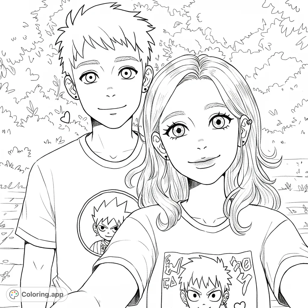 A charming anime-style coloring page featuring a young couple taking a selfie, with detailed expressions and unique t-shirt designs.