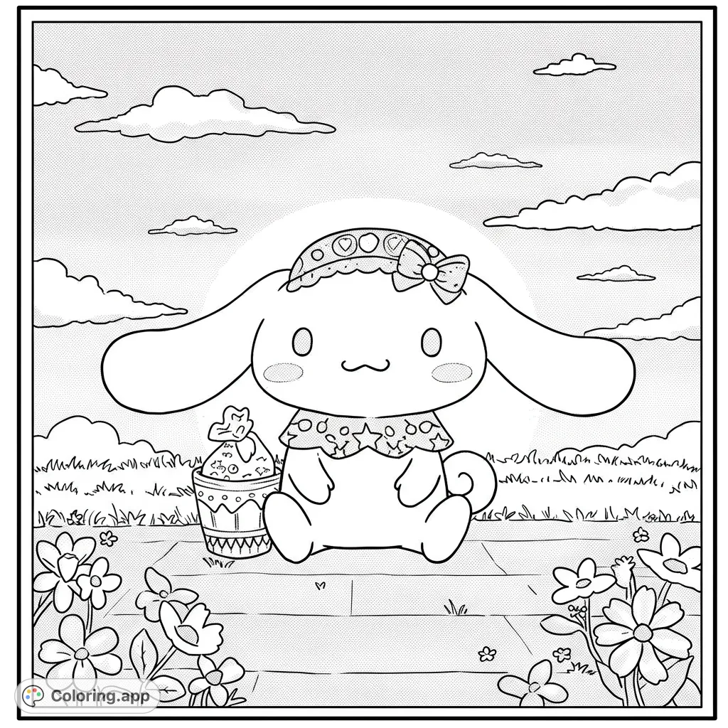 An adorable floppy-eared character with a cupcake in a charming outdoor scene, perfect for a cute character coloring page.