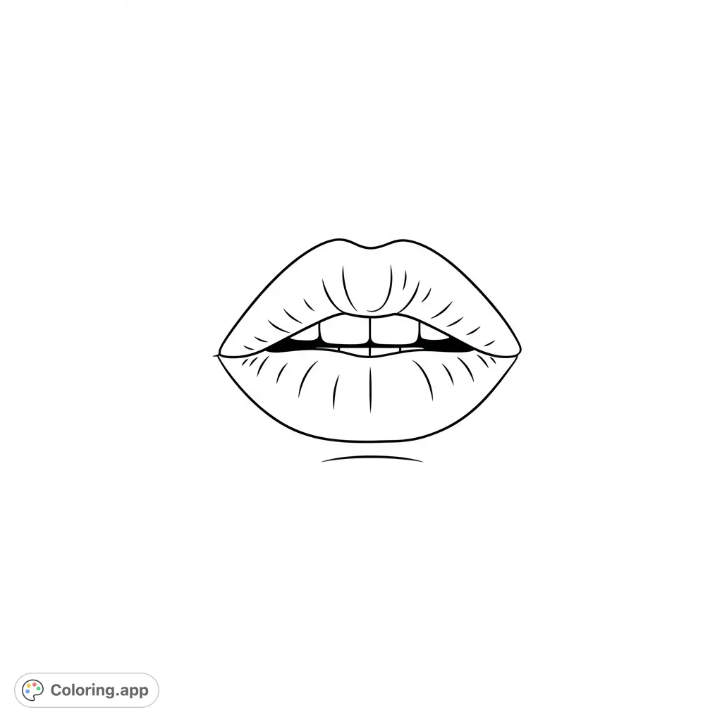 A minimalist line drawing of sensual, pouty lips with visible teeth. Perfect for a free printable coloring page, offering clean lines and ample space for creative expression.