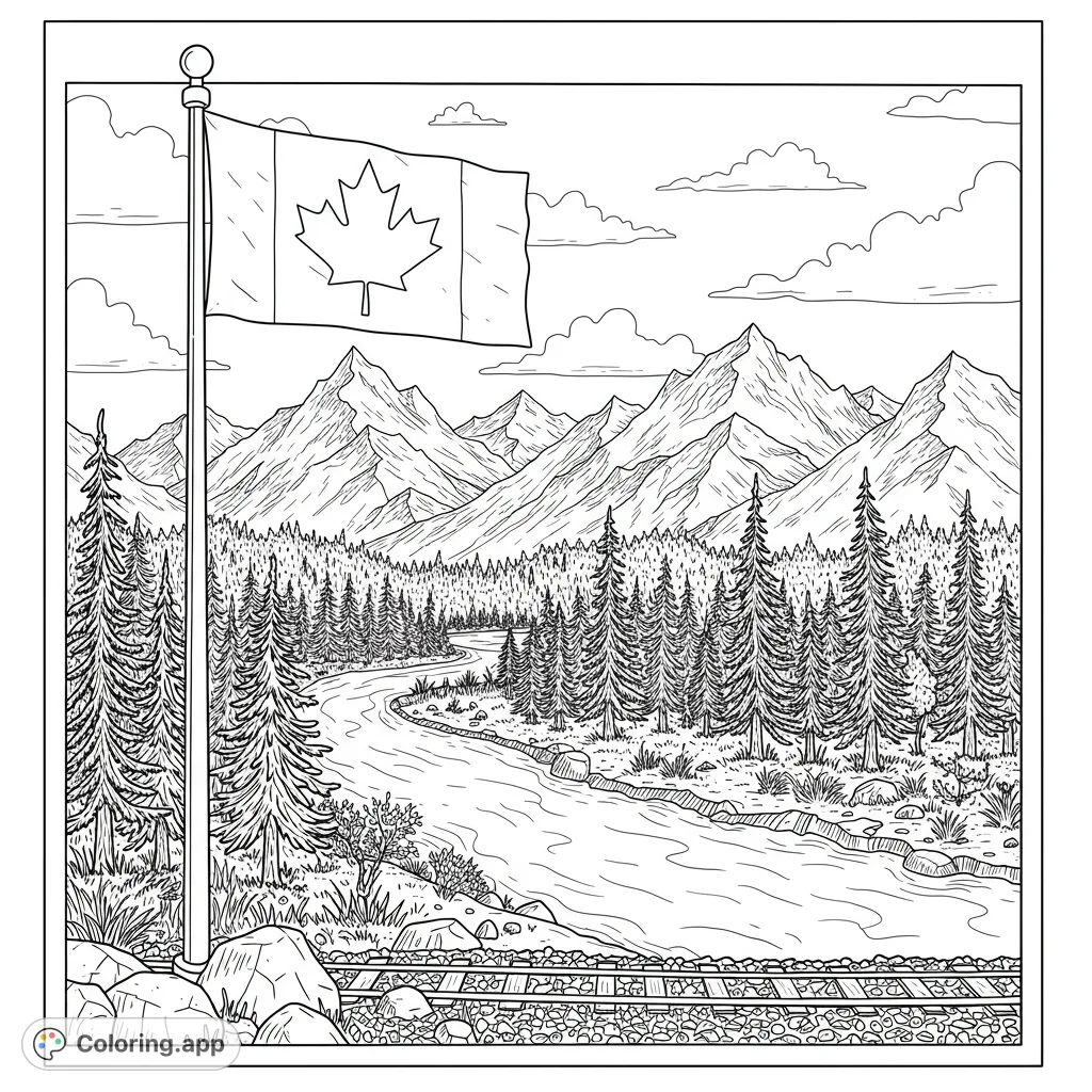 Explore a stunning Canadian landscape featuring a waving flag, majestic mountains, a winding river, and dense forests. A free printable coloring page.