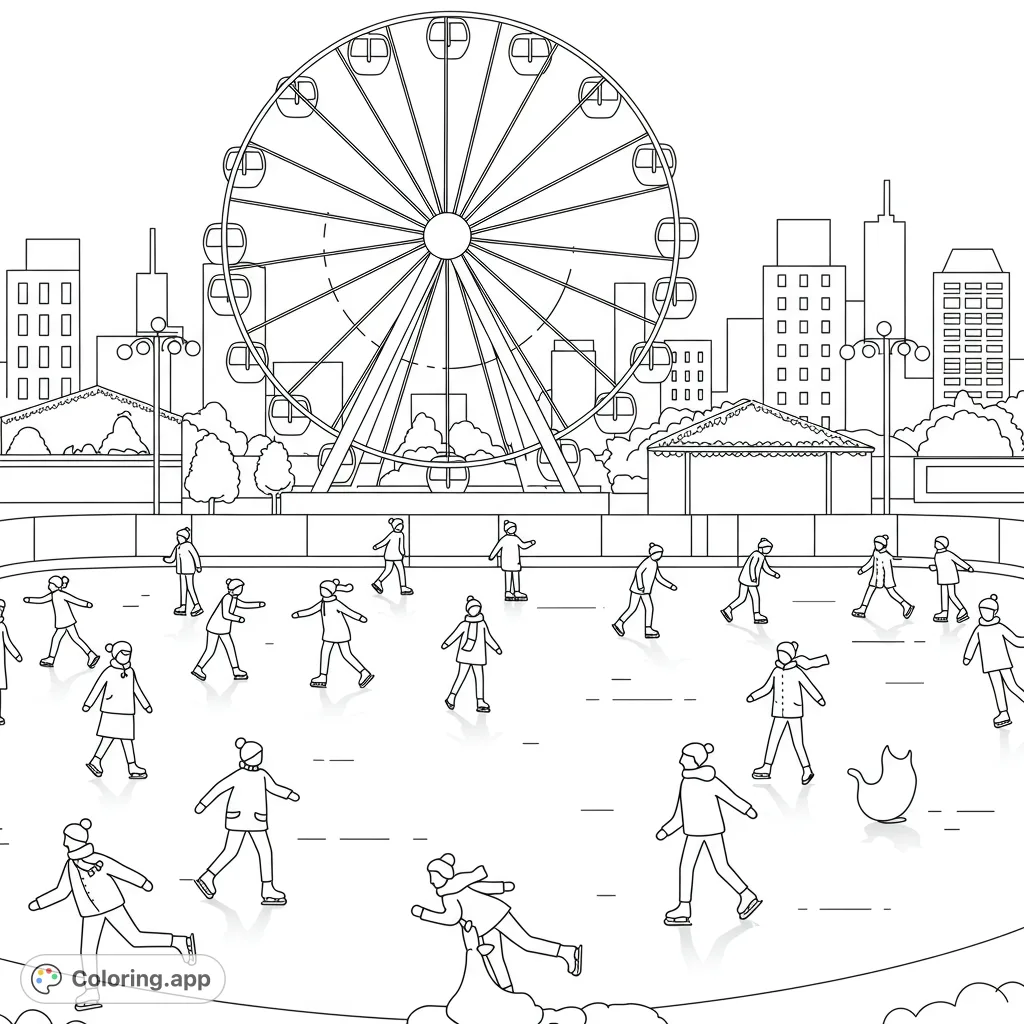 Skate into winter fun! A vibrant ice skating rink scene with a majestic Ferris wheel and city skyline. Perfect for a festive winter wonderland coloring page.
