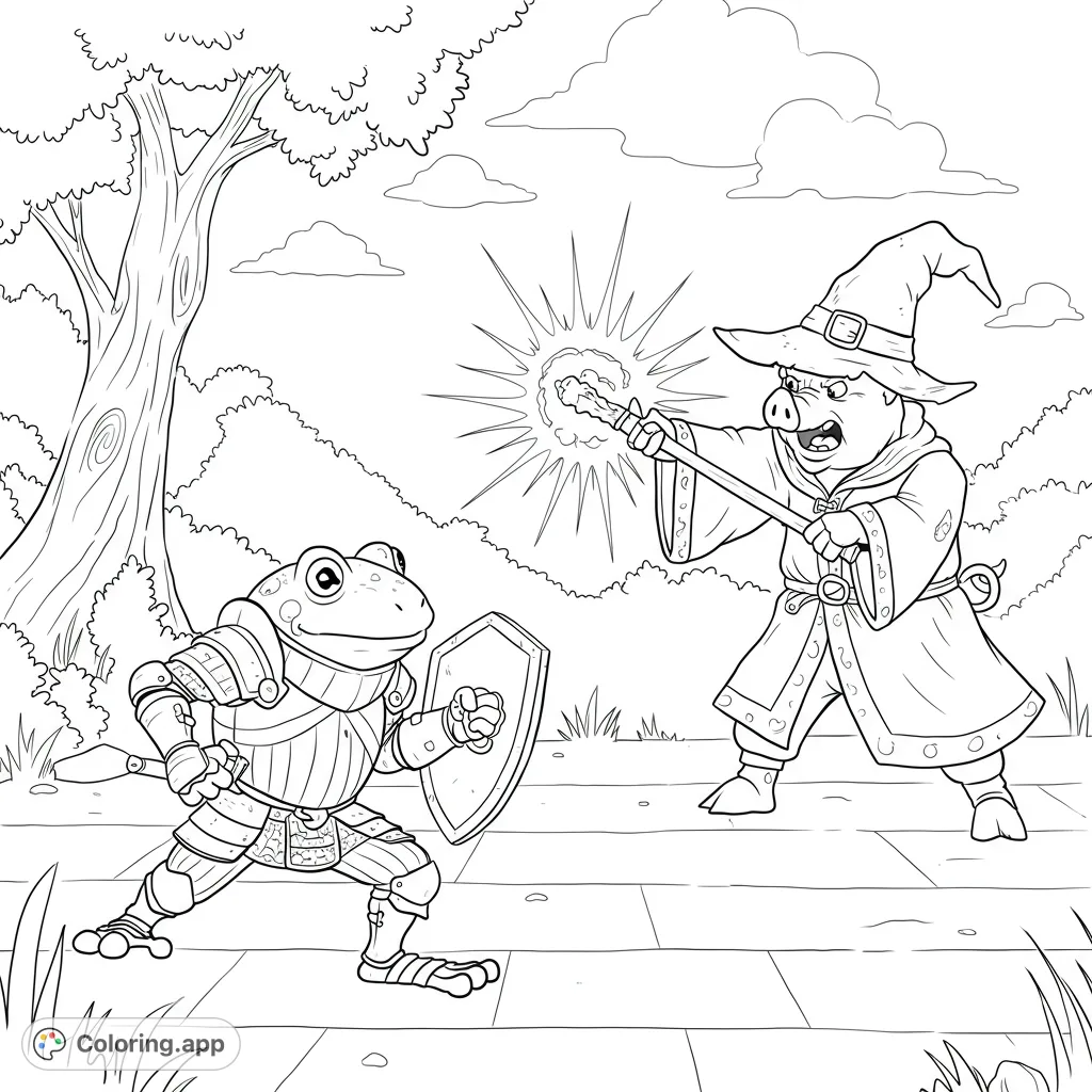 A thrilling fantasy duel unfolds between a valiant frog knight in armor and a powerful pig wizard casting a magical spell. A free printable fantasy coloring page.