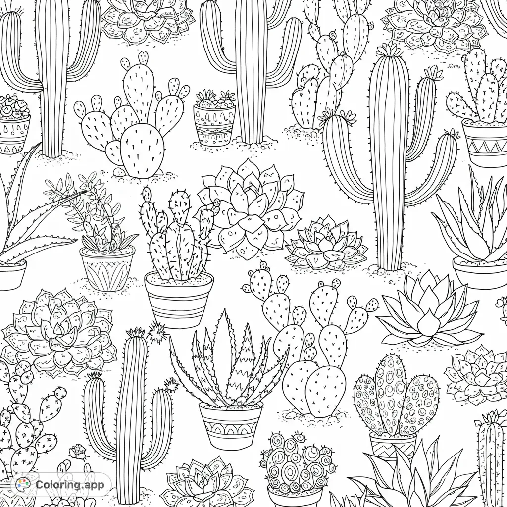 Explore a vibrant desert garden with this free printable cactus and succulent coloring page. Features various cacti, aloe, and rosette plants in decorative pots, perfect for all ages.