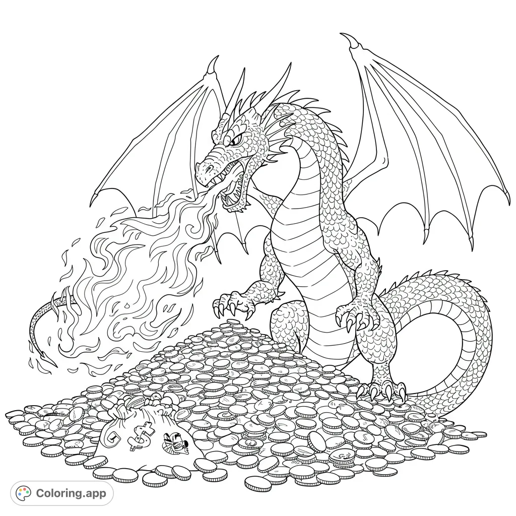 A majestic dragon breathes fire over a vast treasure hoard of gold coins. This detailed fantasy coloring page offers intricate scales and fiery flames for creative expression.