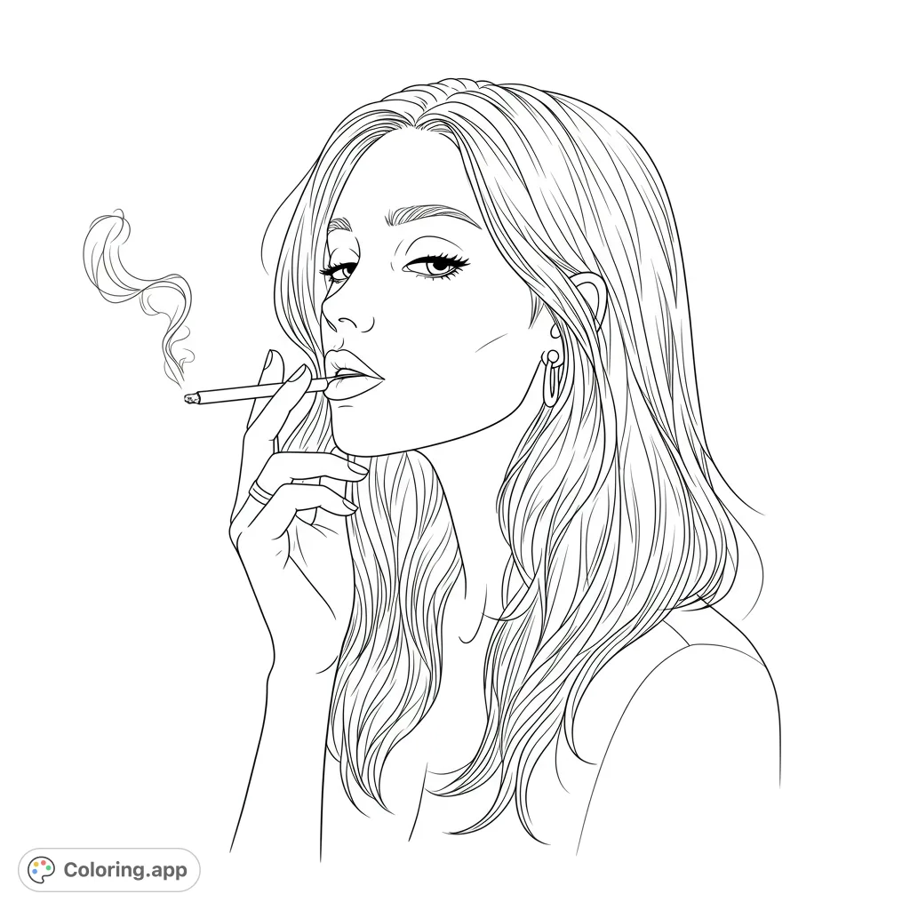 A chic woman with flowing hair holds a cigarette, smoke curling gracefully. A captivating adult coloring page for relaxation and artistic expression.