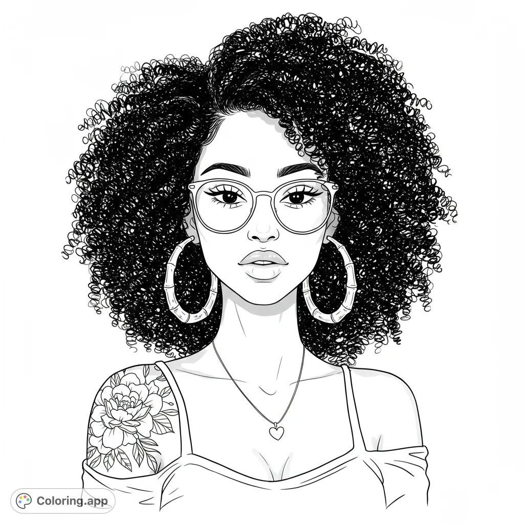 A stylish woman with voluminous curly hair, chic glasses, and a beautiful floral tattoo, perfect for a modern portrait coloring experience.