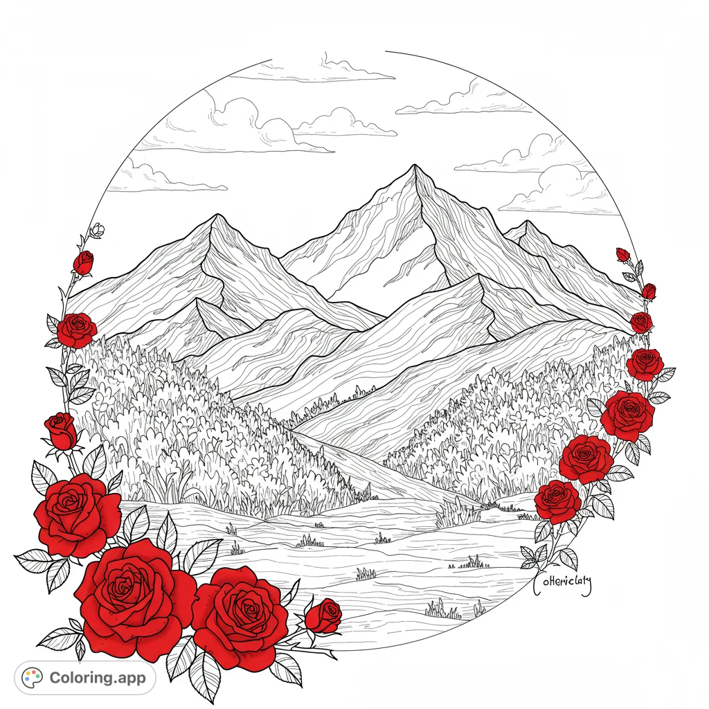 Explore a stunning mountain landscape framed by elegant roses. This intricate nature coloring page offers a serene escape for all ages.