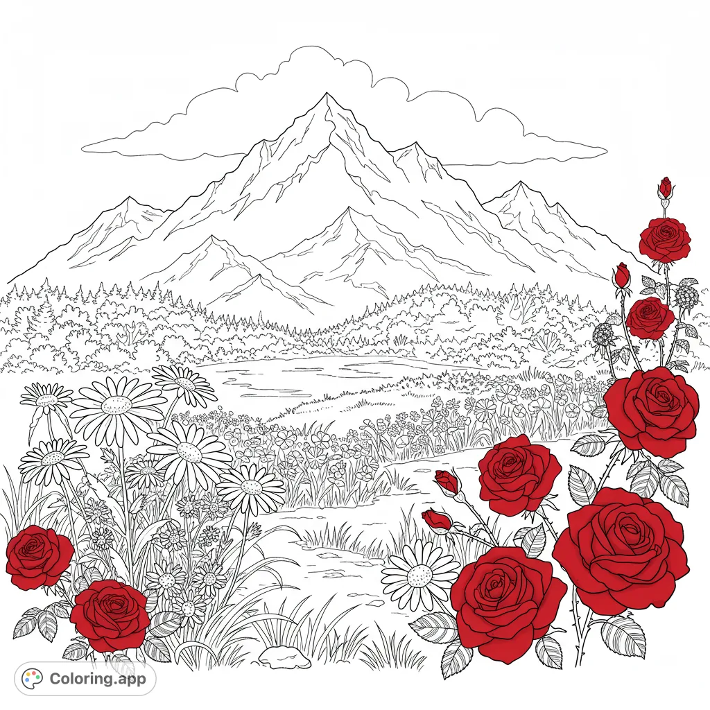 A beautiful nature landscape coloring page featuring majestic mountains, a serene lake, lush forests, and a foreground bursting with detailed roses and daisies.