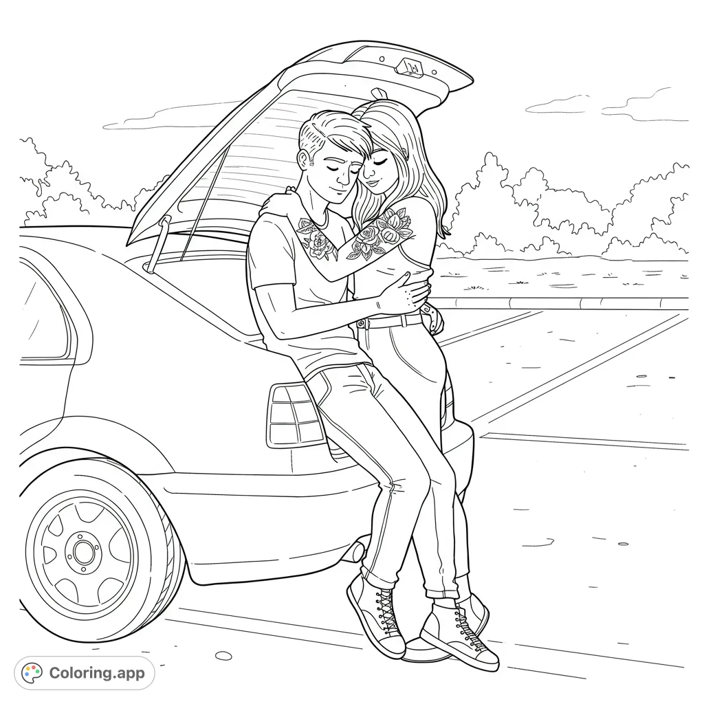 A romantic couple embraces by an open car trunk, featuring detailed rose tattoos. A free printable love-themed coloring page for adults and teens.