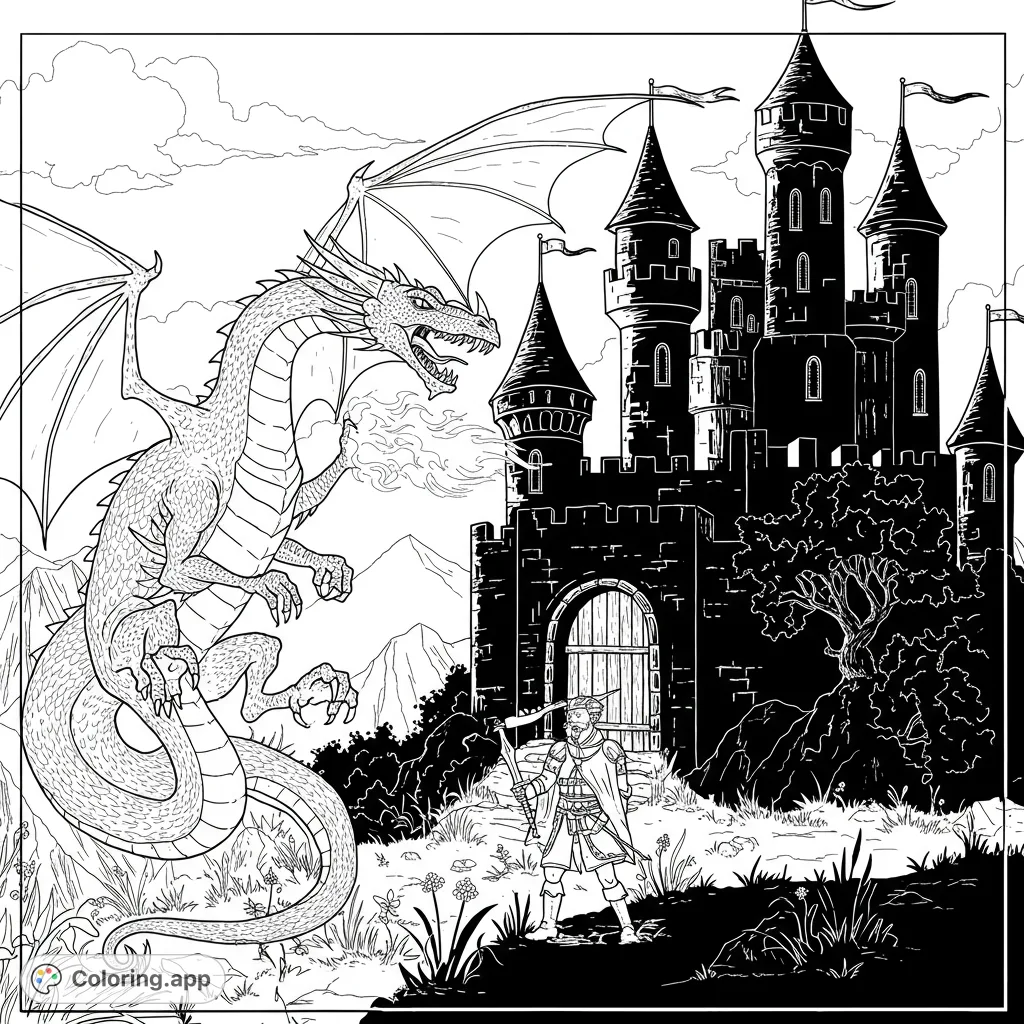 An epic fantasy scene with a fierce dragon battling a brave knight before a grand castle. A thrilling adventure awaits your colors!