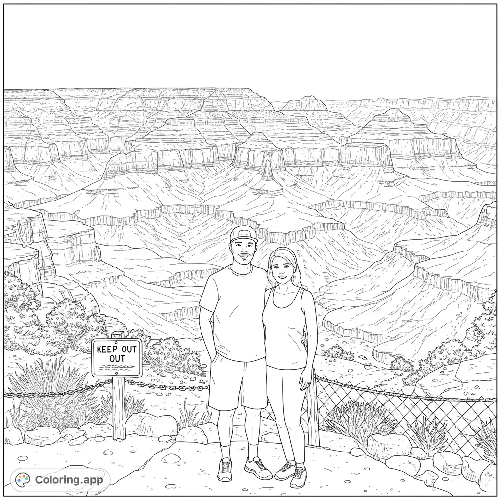 Explore the majestic Grand Canyon with a happy couple in this detailed free printable coloring page. Perfect for nature and travel enthusiasts.