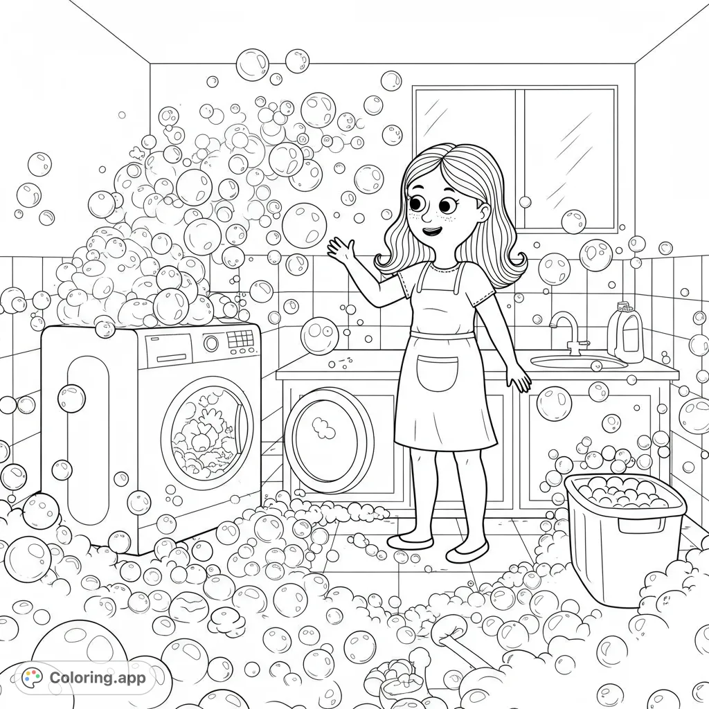 A cheerful girl in a laundry room overwhelmed by a mountain of playful soap bubbles, perfect for a fun and bubbly coloring adventure.