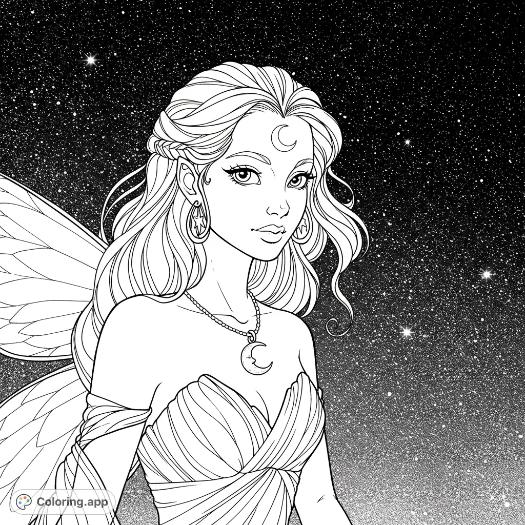 A beautiful celestial fairy with flowing hair and moon adornments against a sparkling starry night sky. Perfect for magical coloring adventures.