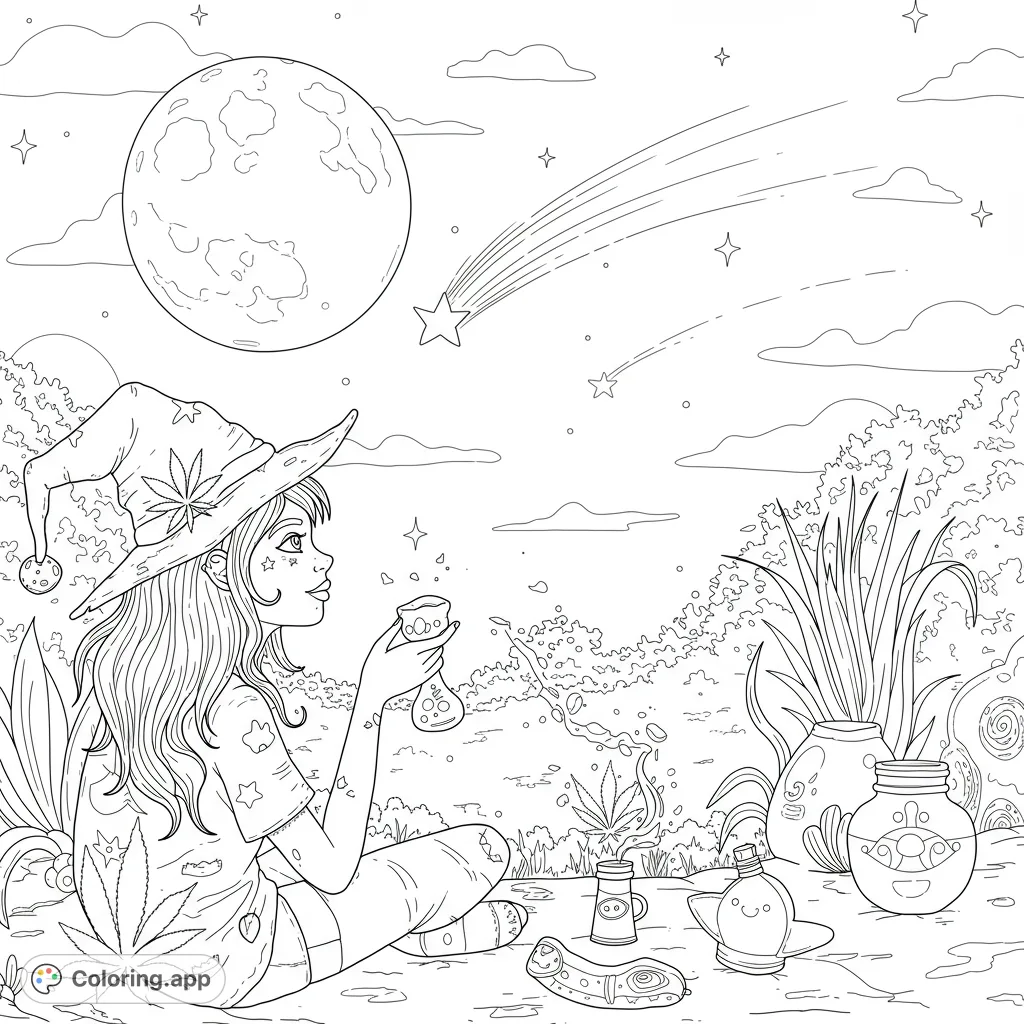 A whimsical witch brews under a full moon, surrounded by cannabis leaves and magical items. A celestial, enchanting scene for coloring.