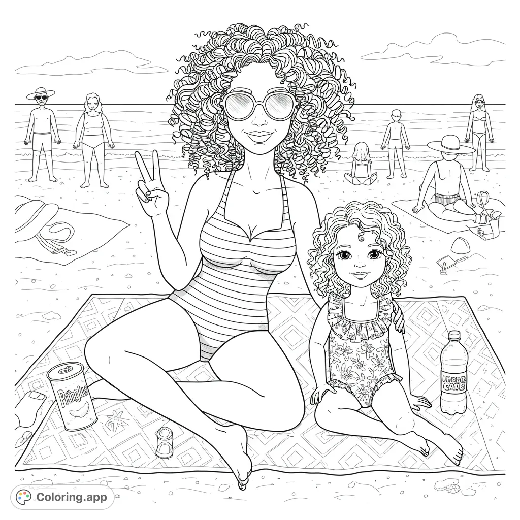 A heartwarming beach scene featuring a mother and daughter enjoying the sun and sand. Perfect for a relaxing summer coloring experience.